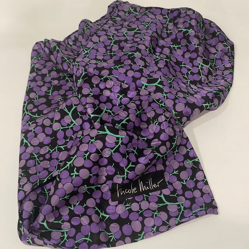 Vintage Nicole Miller Oversized Silk Scarf. Black with Purple Grapes. EUC.